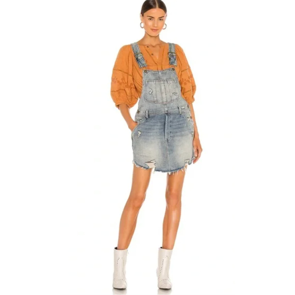 Free People Baxter Distressed Denim Mini Dress Medium Boho - Picture 8 of 8